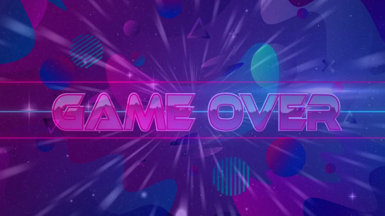 Explosão radial começando, texto GAME OVER surgindo, ganhando brilho, formando uma tela final de néon retrô