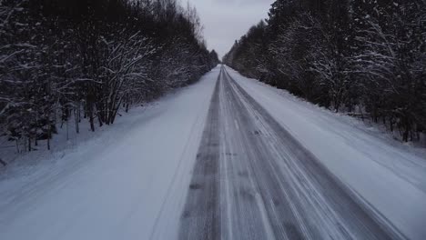 aerial view of winter road alley surrounded by snow covered trees in overcast winter day, small snowflakes falling, wide angle drone shot moving forward low to the road