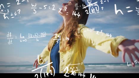 animation of mathematical equations over happy woman