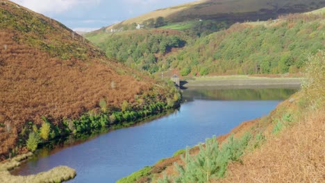 Beautiful-English-country-landscape-showing-heather-covered-hills,-blue-lakes-and-clear-skies