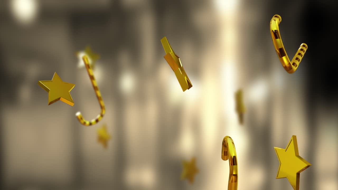 animación de navidad caramelos de oro bastones y estrellas cayendo