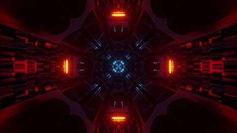 highly immersive and reflective dark tunnel with blue and orange led lights illuminating it