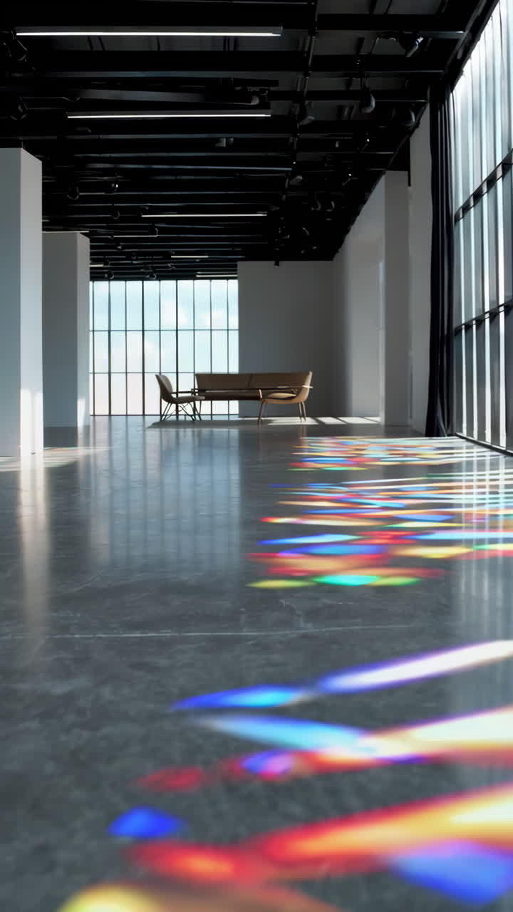 Modern Open-Plan Office Space with Rainbow Light Reflections