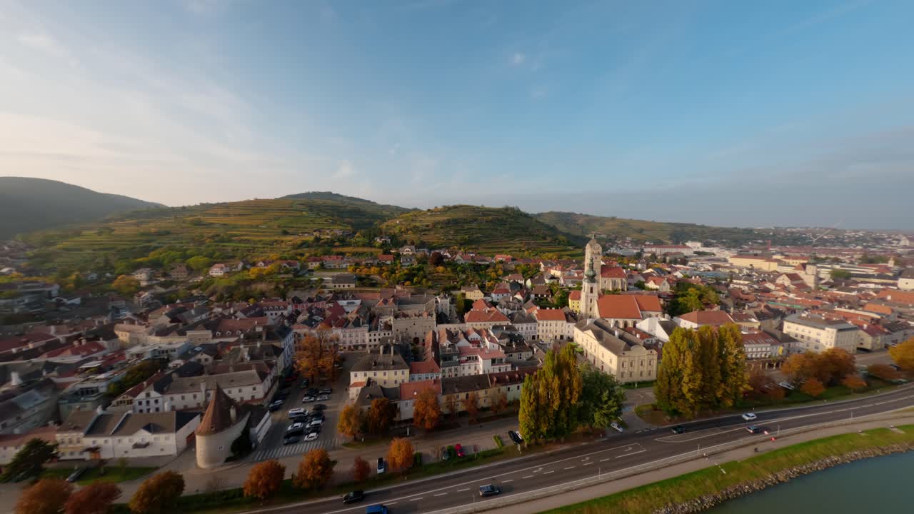 Aerial landscape shot of the cities Stein and Krems an der Donau, lower Austria