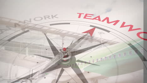 animation of compass with arrow pointing to teamwork text over passenger plane on runway