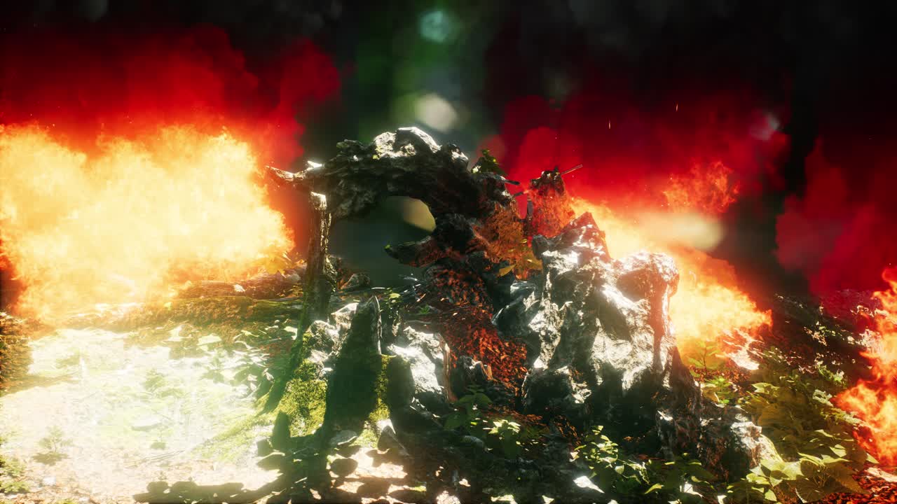 산불 도중 불타는 나무 에 바람 이 불고 있다