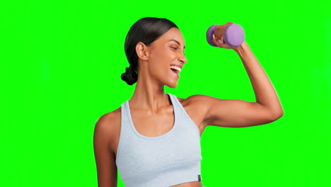 pantalla verde, cara y mujer feliz con pesas