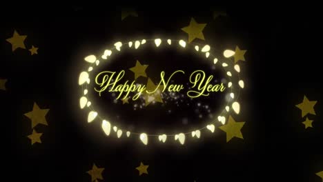 Animation-of-happy-new-year-with-christmas-fairy-lights-over-stars-on-black-background