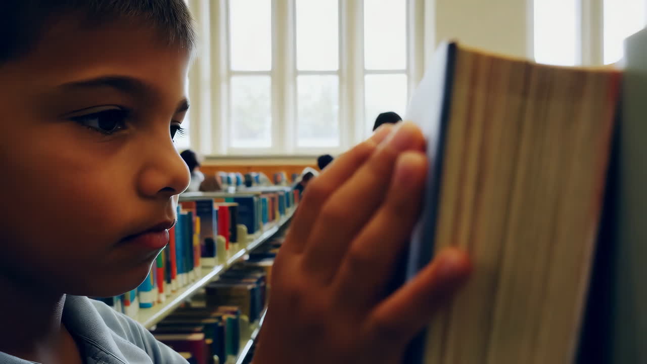 Boy in Library Looking at Books