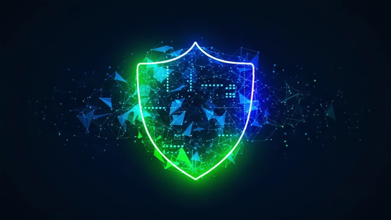 Digital Security Shield: A Vibrant Representation of Protection and Safety in the Modern Digital World with Abstract Geometric Patterns and Neon Colors