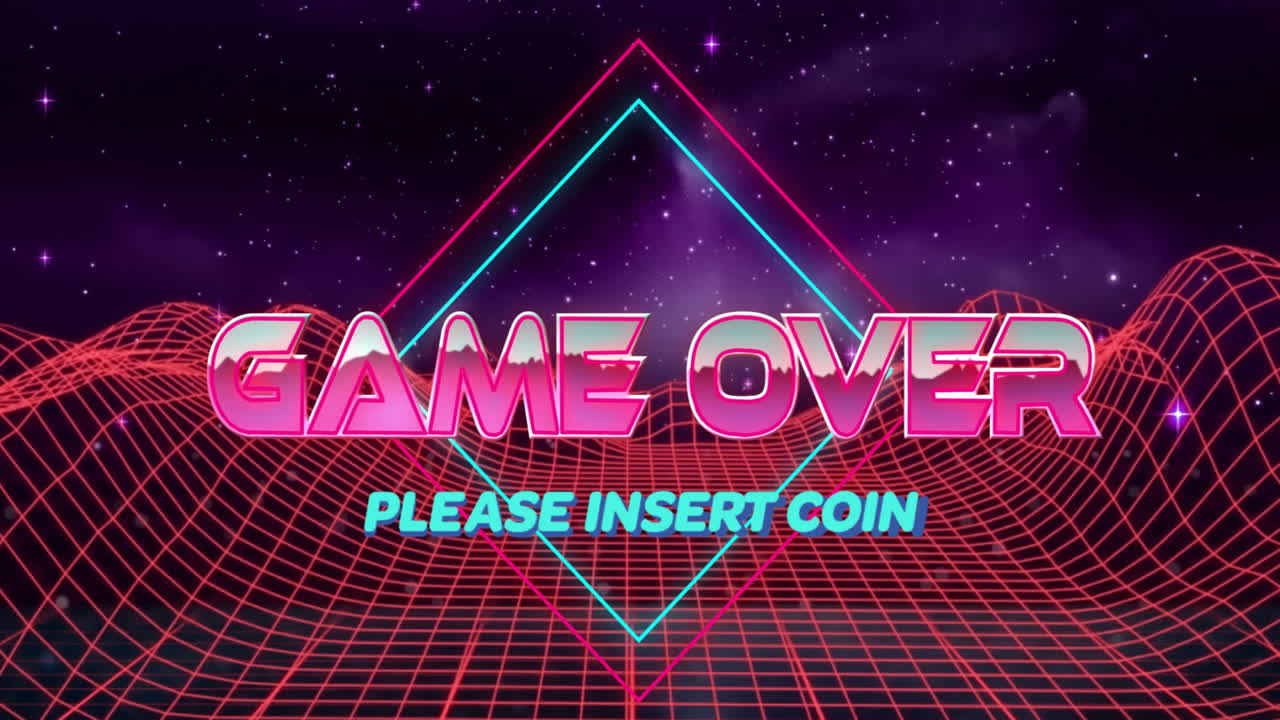 Game Over text animation over retro grid and neon geometric shapes