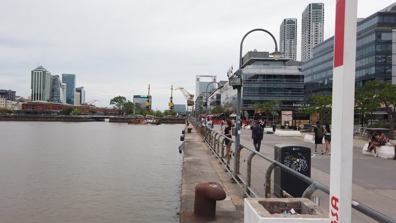 Panoramic view of Puerto Madero Dock Waterfront Street and Skyscraper buildings of Buenos Aires travel neighborhood, Business Center