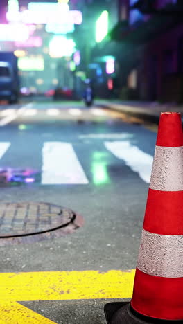 cono de tráfico en una calle húmeda por la noche