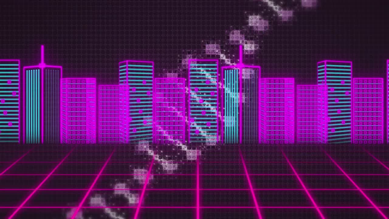 Animation of dna strand spinning over cityscape