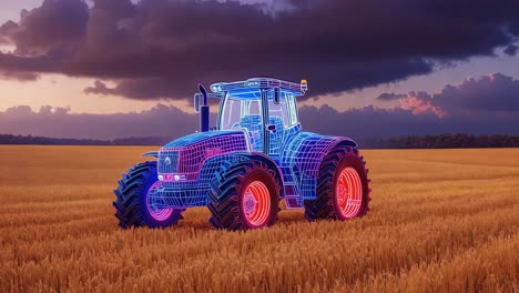 futuristic wireframe tractor with neon lights in a golden field at sunset