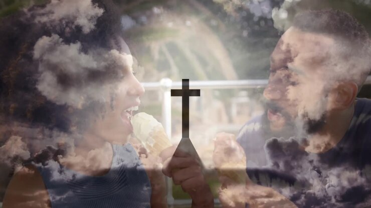 Food advertising featuring couple sharing ice cream on park bench under cross overlay