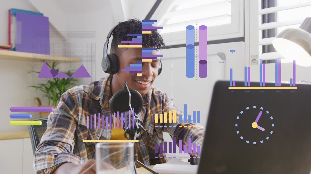 Teen host starting by speaking into mic, tapping laptop, animating charts explaining tech data
