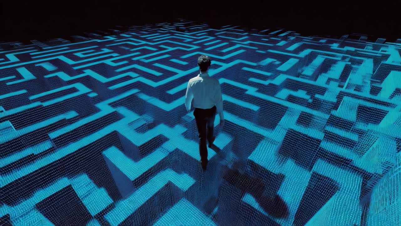 An individual navigating through a complex blue-hued maze, surrounded by a digital landscape, symbolizing the interplay of technology, decision-making, and the challenge of finding one's path in a vast, intricate space