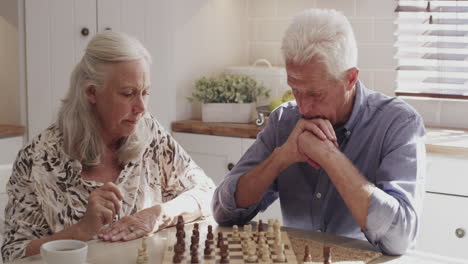 senior couple playing chess at home