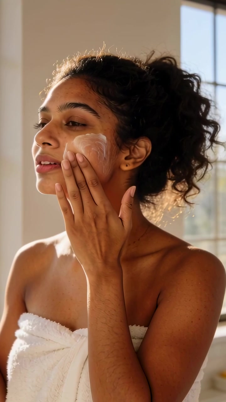 Vídeo vertical: Mulher de toalha aplicando creme na bochecha, espalhando para misturar na janela do banheiro, pote.