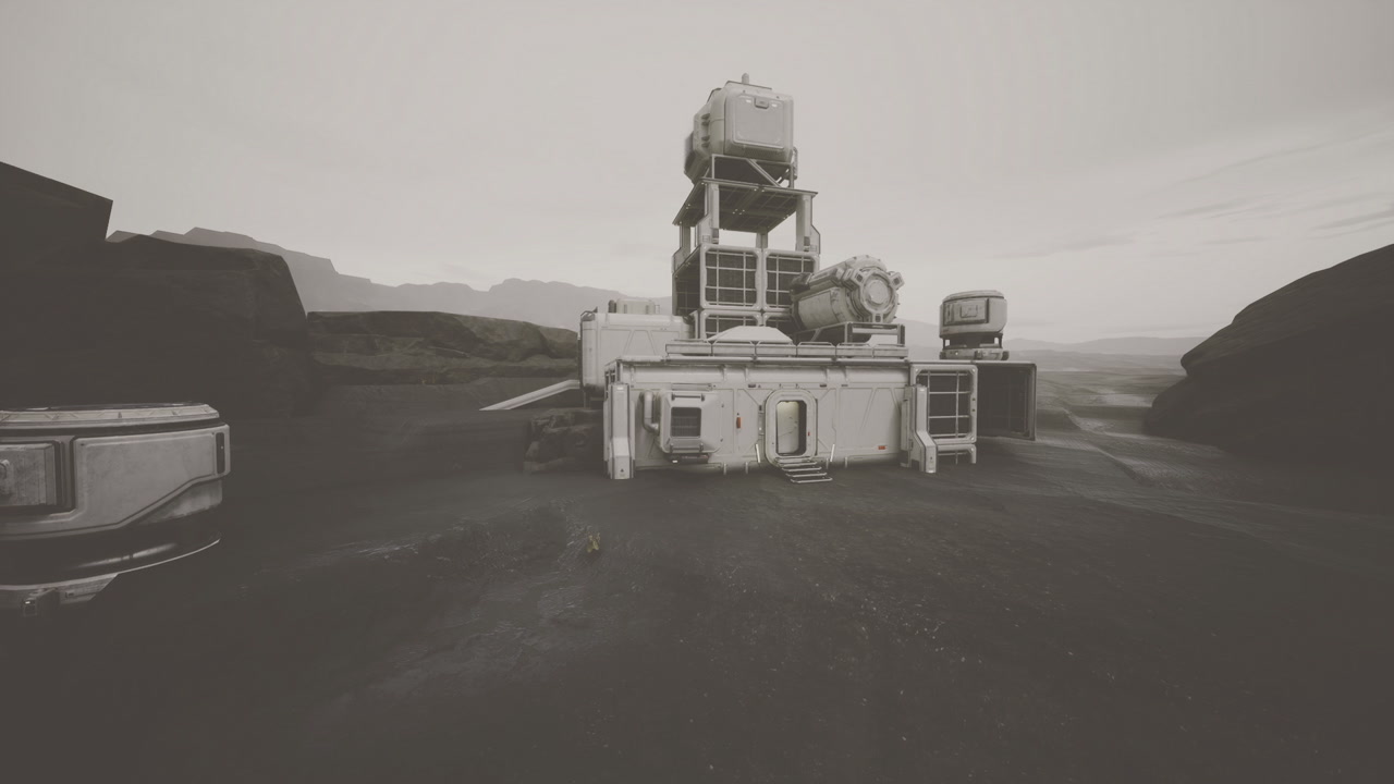 Barren plain featuring station with communication towers and service units