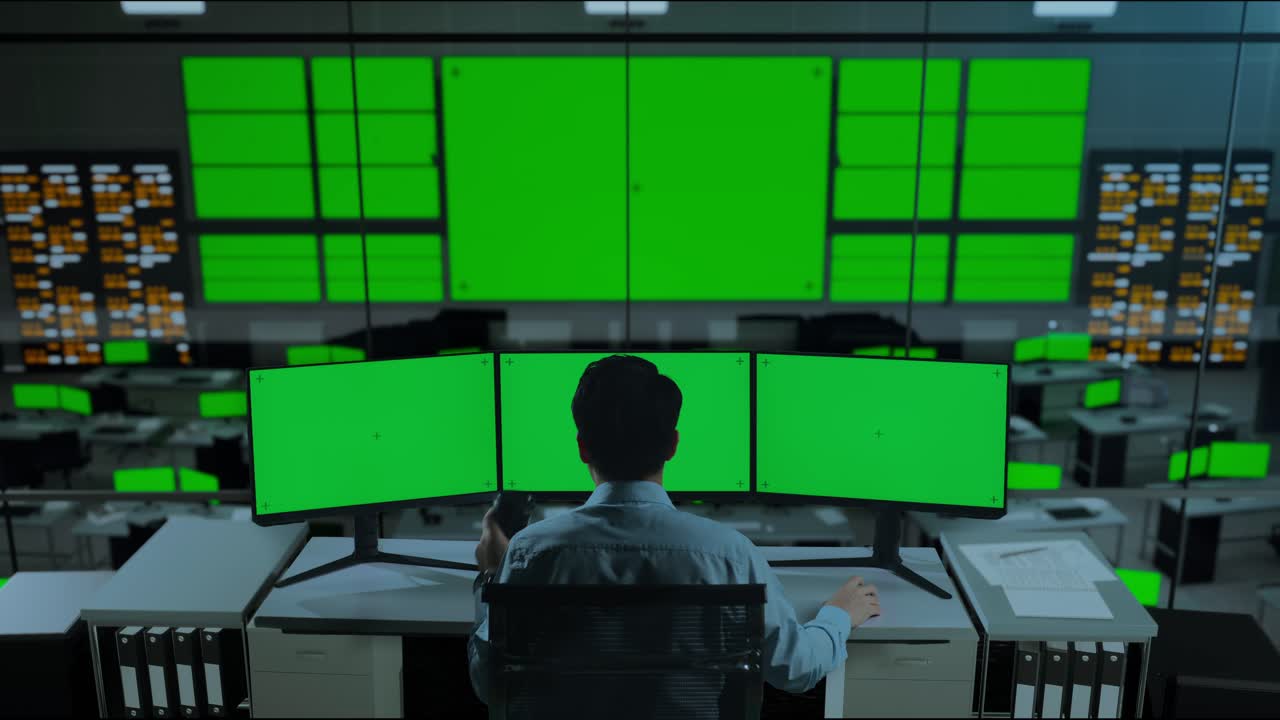 Back View Of Asian Man Drinking Coffee And Working With Mock Up Multiple Computer Monitor In The Office