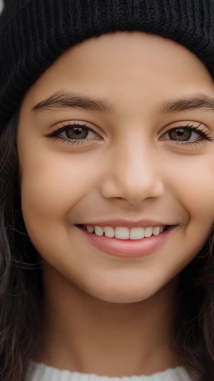 Vertical video: Hand entering top adjusting beanie at home while girl smiling, posing in white top
