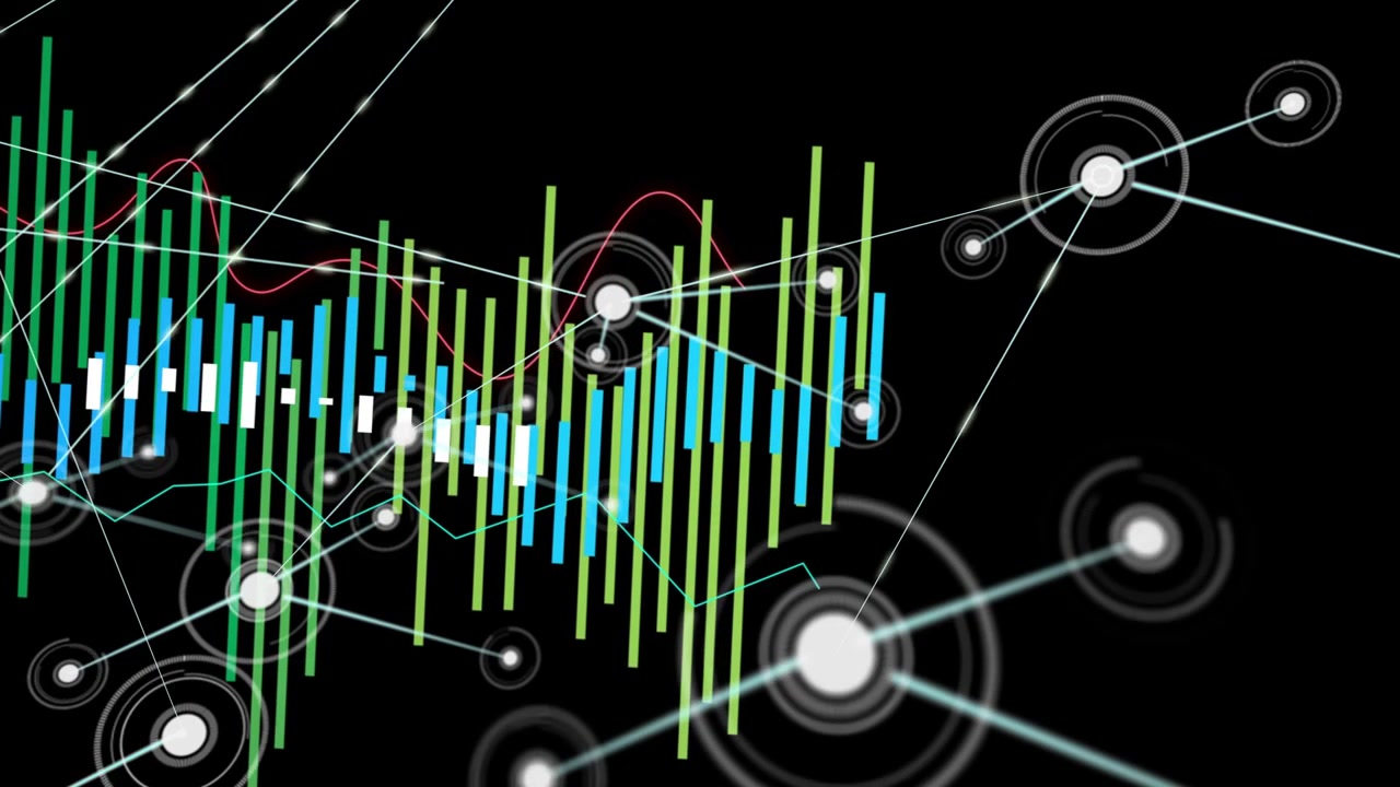 On start central node spawning connectors and bars, network expanding while visualizing technology
