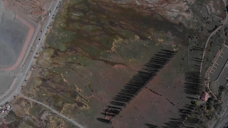 Aerial shot showing swamp-like terrain next to a road-4K