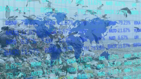 procesamiento de datos del mercado de valores sobre el mapa del mundo contra el vertedero con pájaros volando en el cielo