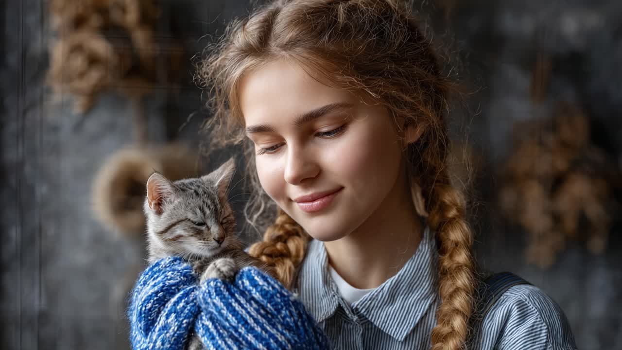 A Warm Moment of Connection: A Young Girl and Her Adorable Gray Kitten in Cozy Surroundings, Capturing Joy and Companionship with Tender Smiles and Soft Textiles