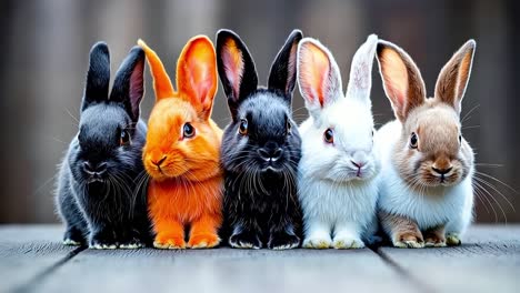 un grupo de conejos sentados uno al lado del otro en una mesa de madera