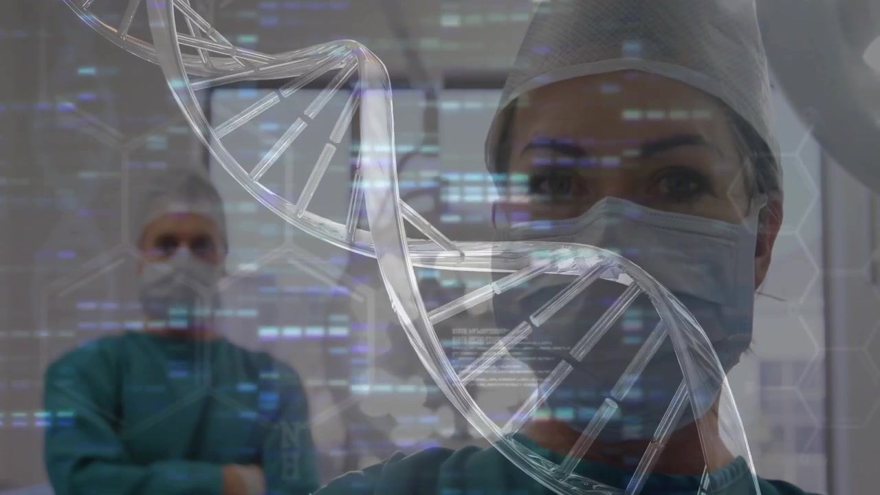 Responding to HUD, scrubbed surgeons adjusting gown and studying DNA hologram in OR for surgery