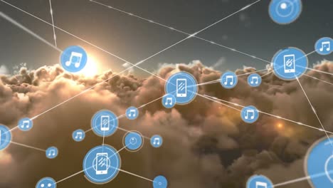 Animation-of-networks-of-connections-over-clouds-and-sky