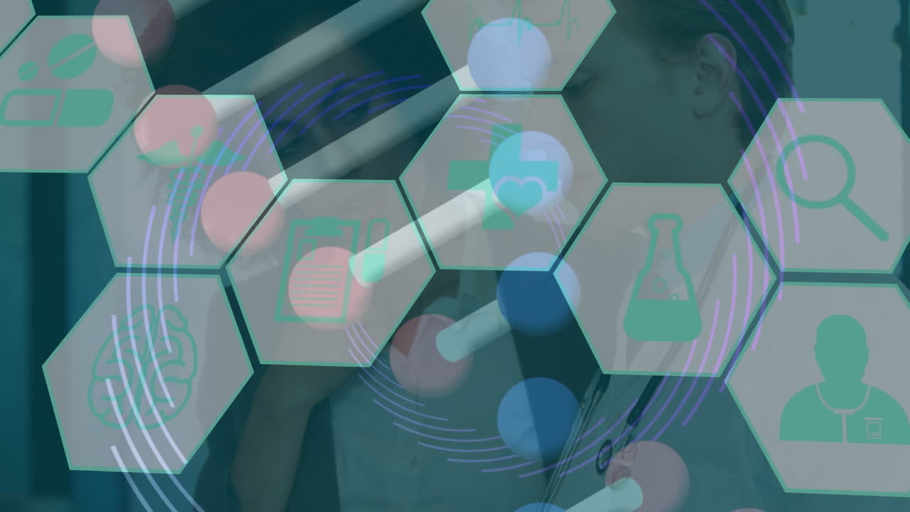 육각형, dna 나선 및 원 패턴의 아이콘의 애니메이션으로 다양한 의사들이 보고서를 논의합니다.