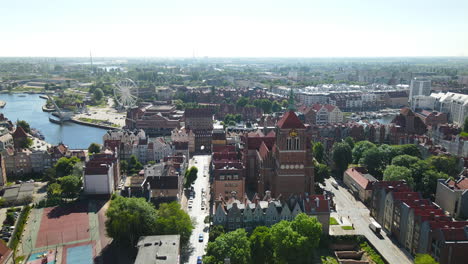 bird's eye view of gdansk townhall and city buildings on a sunny day in gdansk, poland