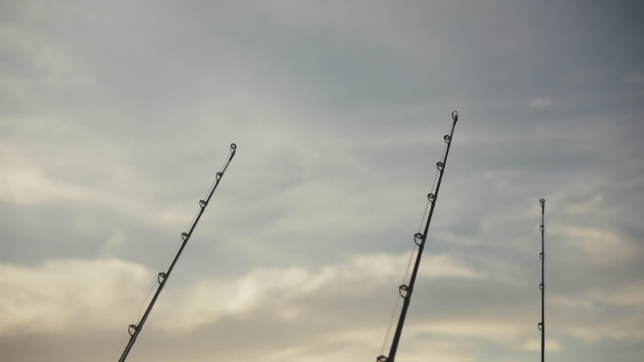 Static shot showing the upper tips of fishing rods pointing into the sky, with soft clouds and natural daylight in the background.