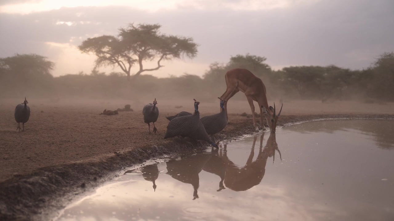 美しい夕暮れのアフリカサファリ。アフリカの野生動物サファリで、水飲み場で水を飲むインパラとホロホロ鳥をローアングル・アイレベルで捉えたシーン。