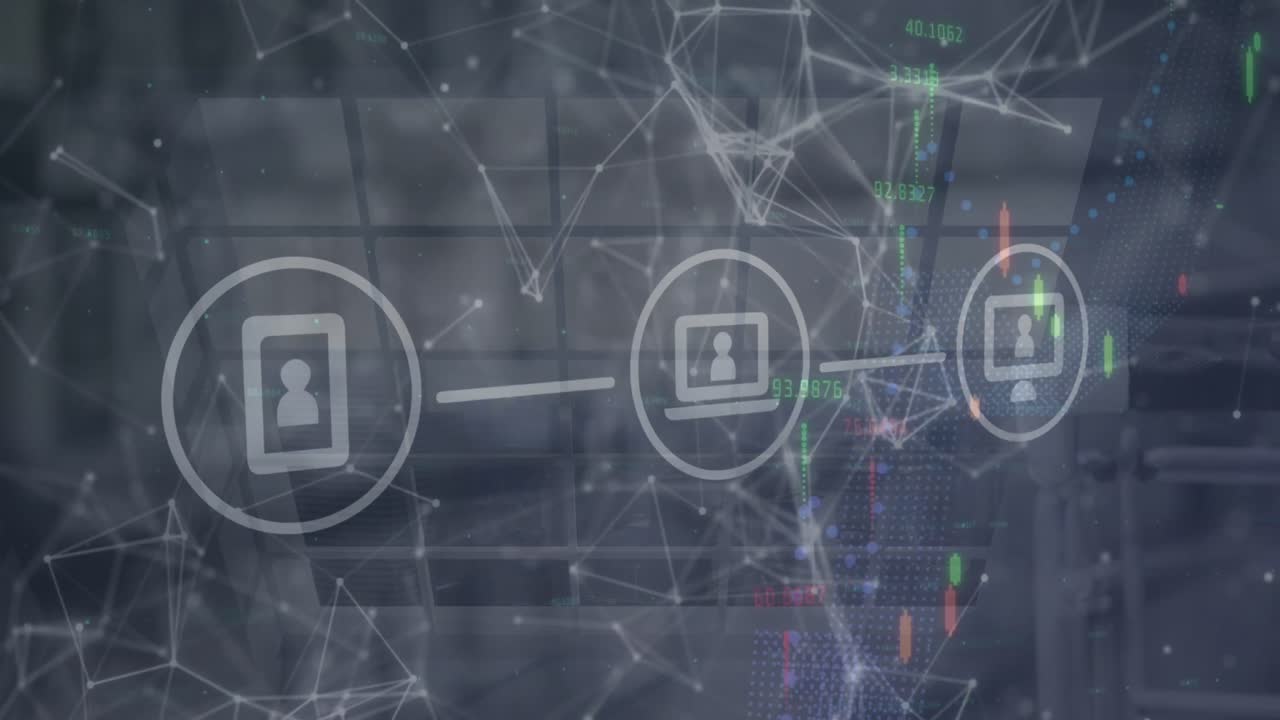 iconos digitales, procesamiento de datos financieros y red de conexiones contra la ventana de la oficina