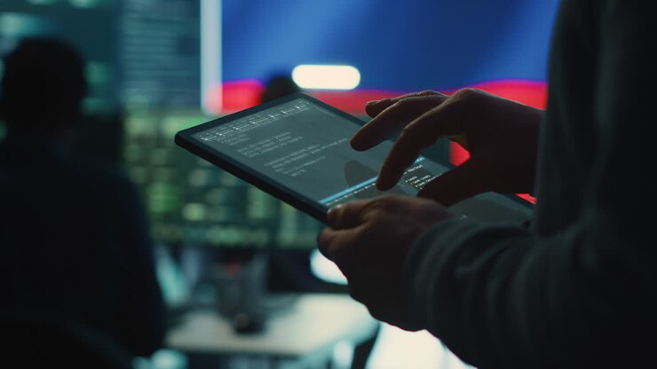 Person uses tablet in governmental cyber security room working for Russian flag