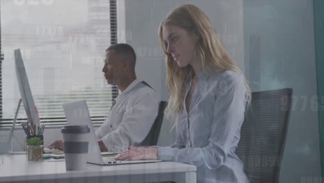 animation of statistics and data processing over diverse business people working in office