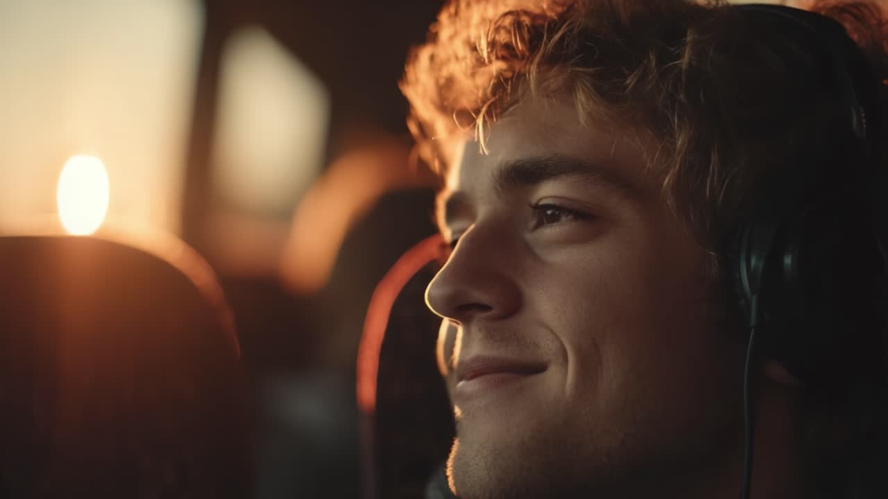 A Joyful Journey: Capturing Serenity and Bliss in a Young Man's Expression While Listening to Music on a Bus During a Beautiful Sunset