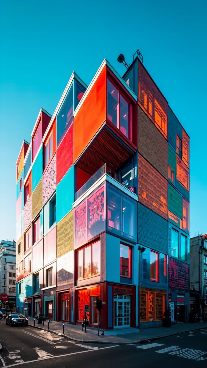 Vibrant Modern Building with Eclectic Colorful Facade