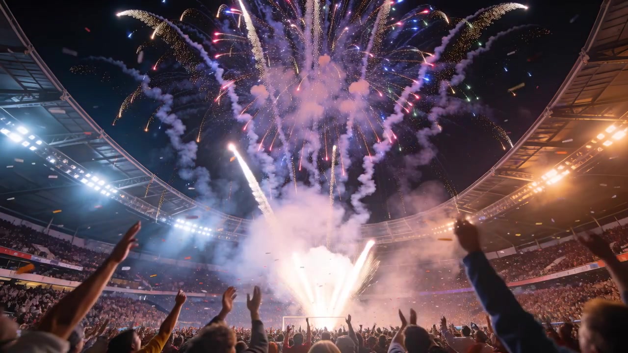 Launching at stadium center, fireworks and cheering crowd celebrating, smoke rising, fans in coats