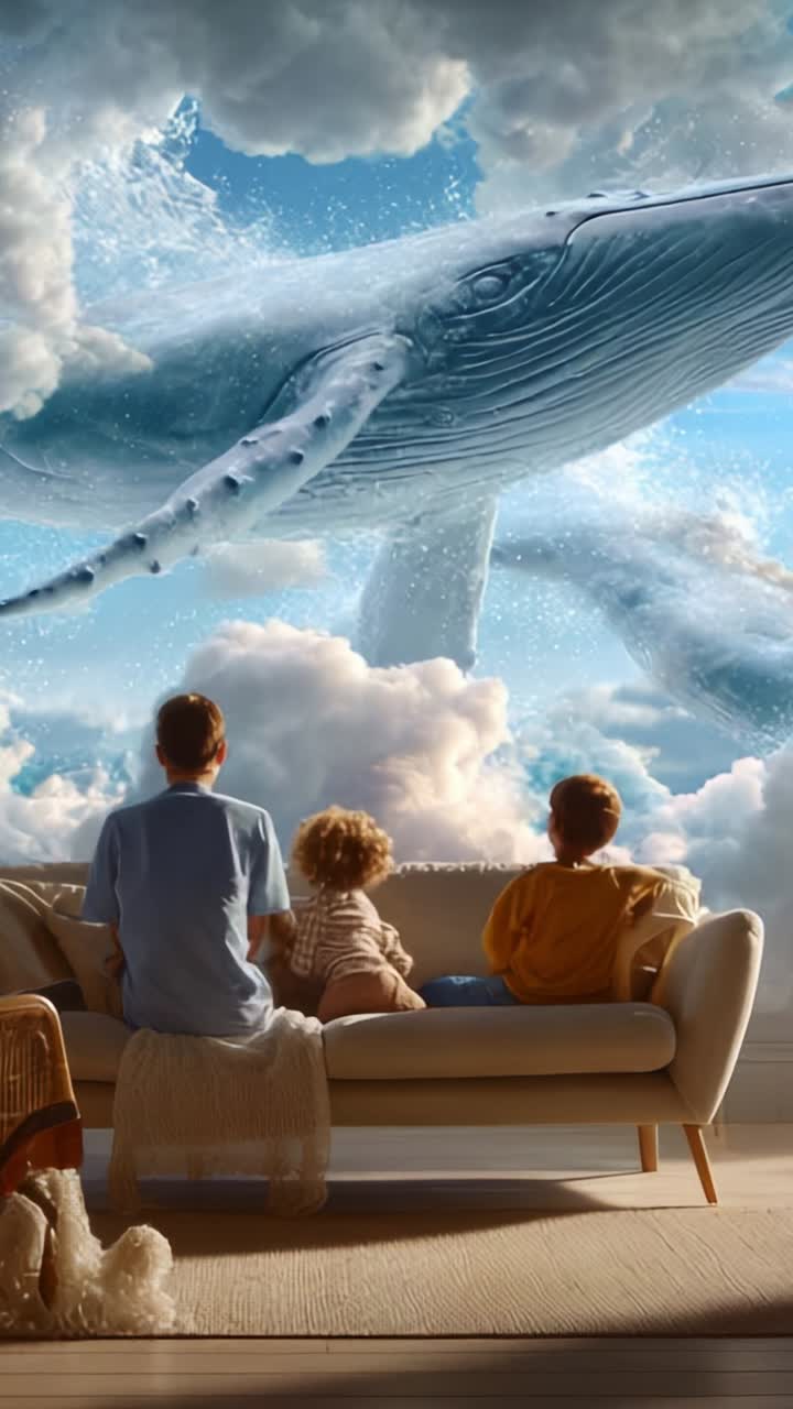 A Stunning Scene of a Whale Gliding Through Cloudy Blue Skies, Captivating Three Children Who Are Sitting on a Couch in Awe and Wonder of Nature's Beauty