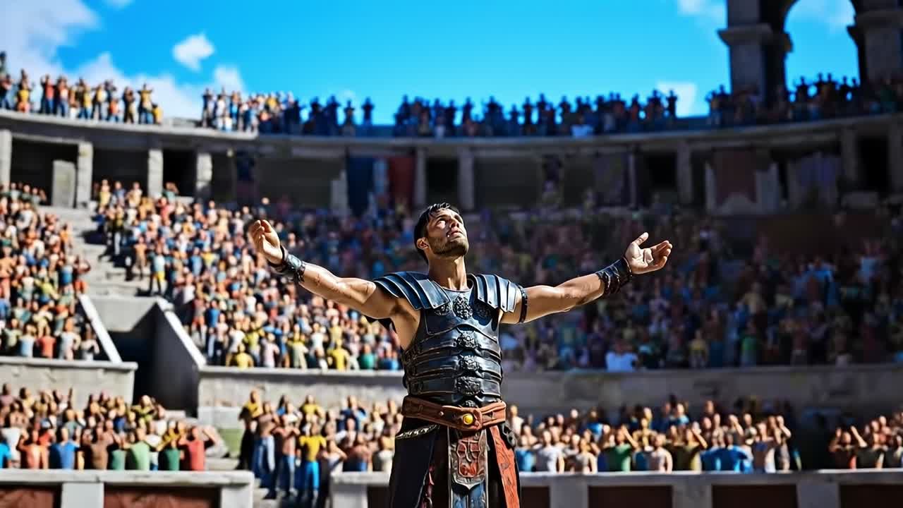 A man dressed as a gladiator standing in front of a crowd of people