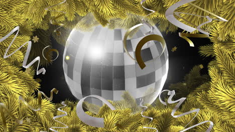 animation of gold and silver streamers with mirror ball on black background