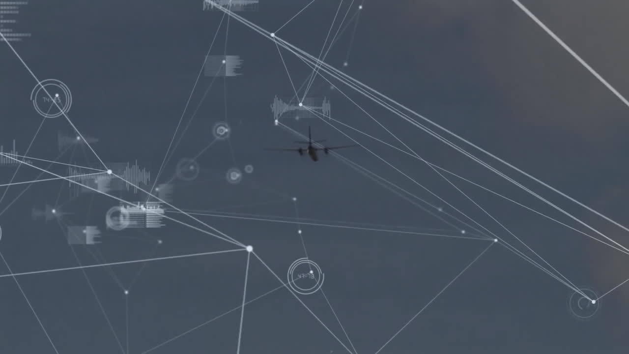 연결 네트워크 및 데이터 처리 애니메이션 비행 중 항공기
