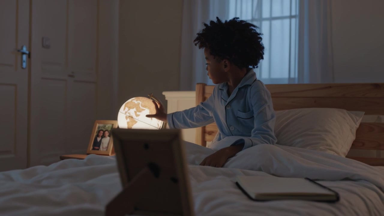 Reacting to glowing globe, boy in blue pajamas sitting on bed in bedroom touching lamp, exploring