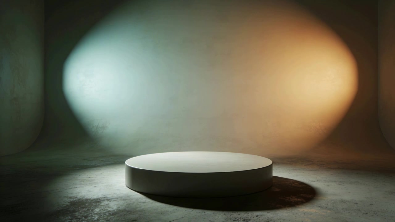 コンクリートのスタジオで、青とオレンジの光が徐々に柔らかく変化し、白い台座を照らしている様子